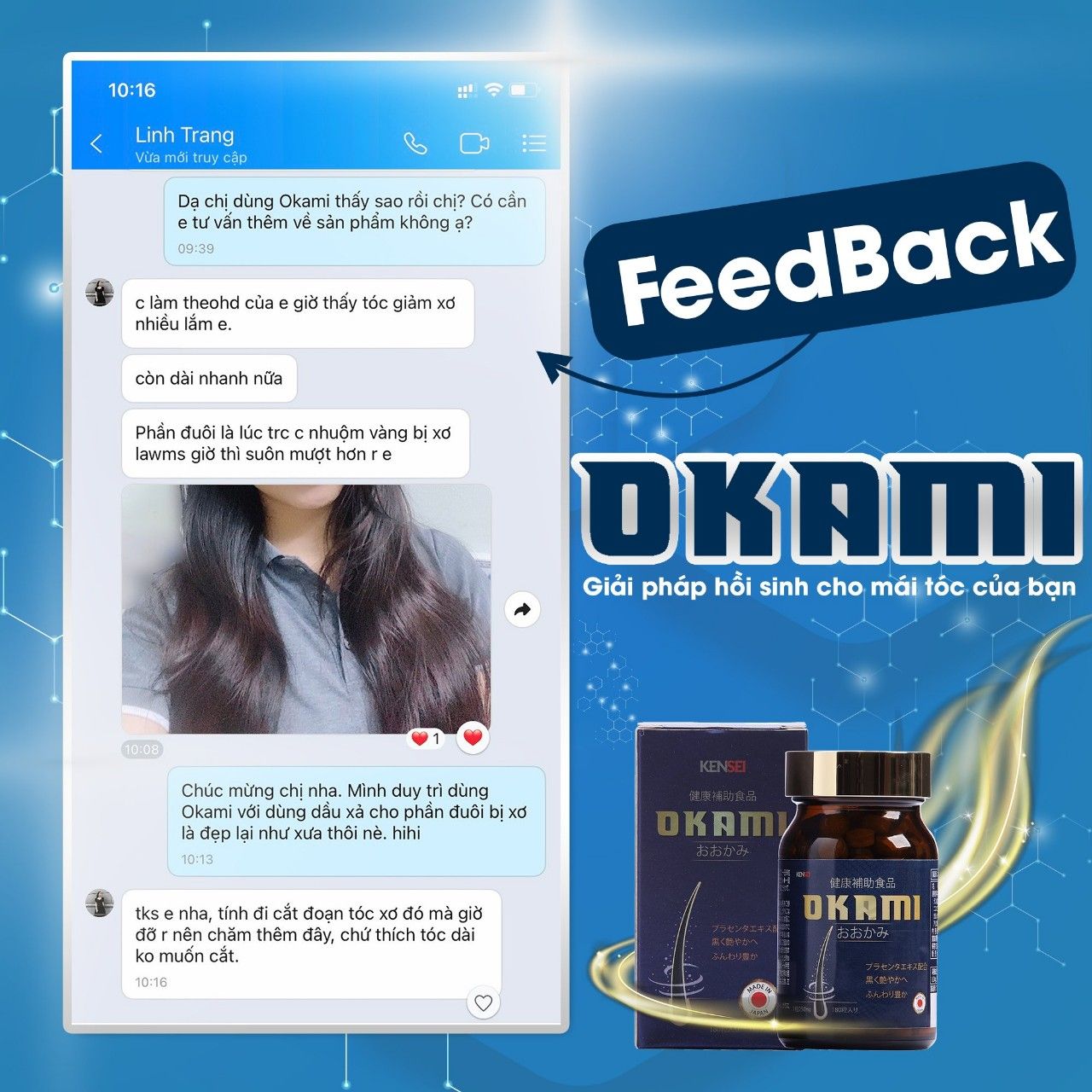 Feedback Viên uống dưỡng tóc Okami Nhật Bản - Hàng Chính Hãng Nhập Khẩu
