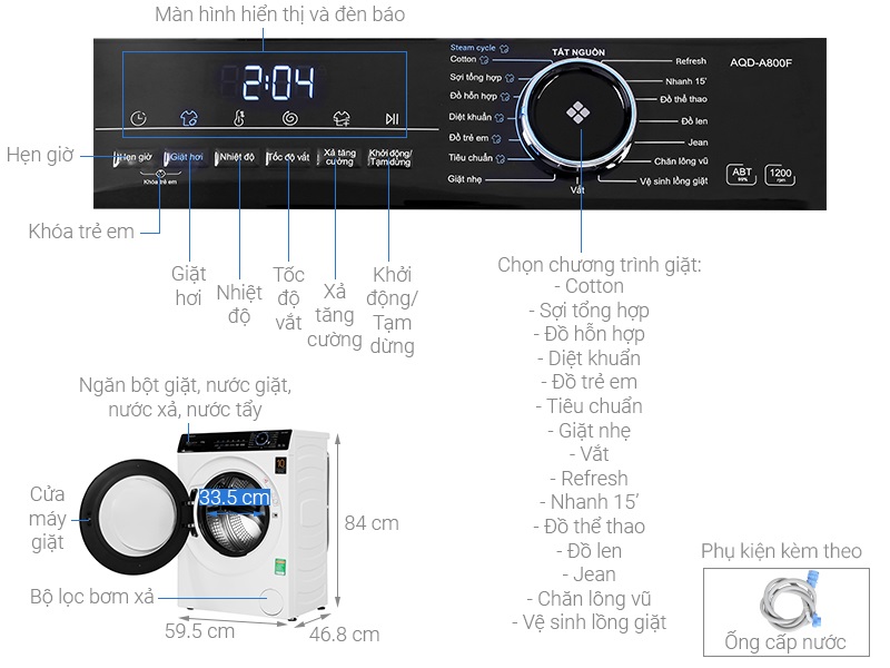 Thông số kỹ thuật Máy giặt Aqua Inverter 8 kg AQD-A800FW