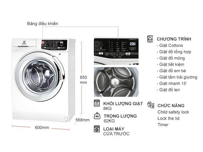 Thông số kỹ thuật Máy giặt Electrolux Inverter 8 kg EWF8025BQWA