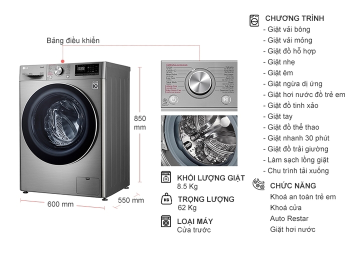 Thông số kỹ thuật Máy giặt LG Inverter 8.5 Kg FV1408S4V