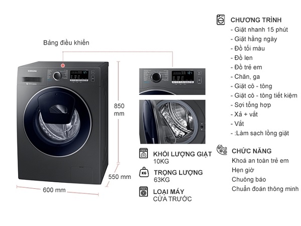 Thông số kỹ thuật Máy giặt Samsung Inverter 10 Kg WW10K44G0UX/SV