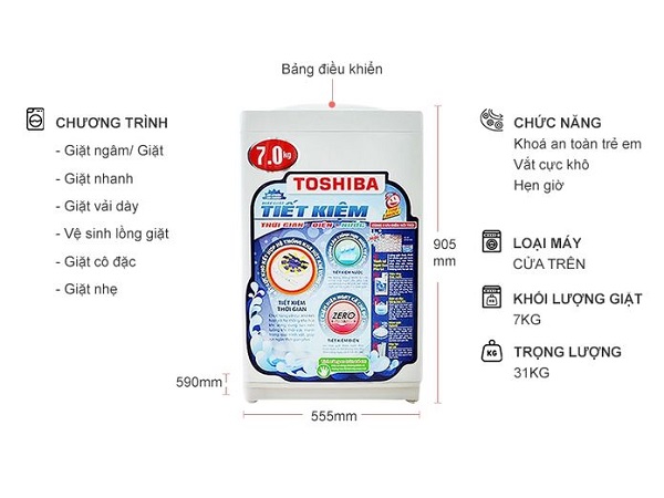 Thông số kỹ thuật Máy Giặt Toshiba 7 kg AW A800SV WB