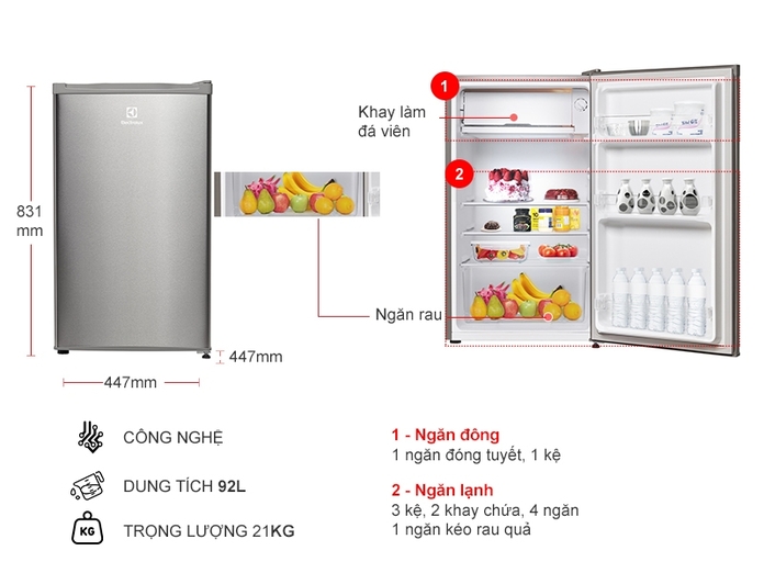 Thông số kỹ thuật Tủ Lạnh Electrolux 92 lít EUM0900SA