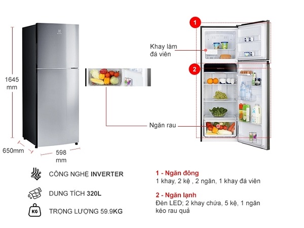 Thông số kỹ thuật Tủ lạnh Electrolux Inverter 320 lít ETB3400J-A
