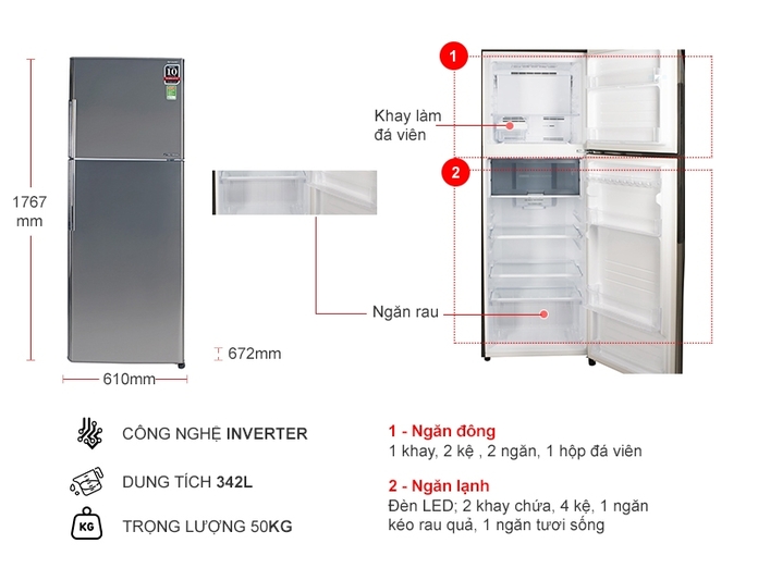 Thông số kỹ thuật Tủ lạnh Sharp Inverter 342 lít SJ-X346E-SL