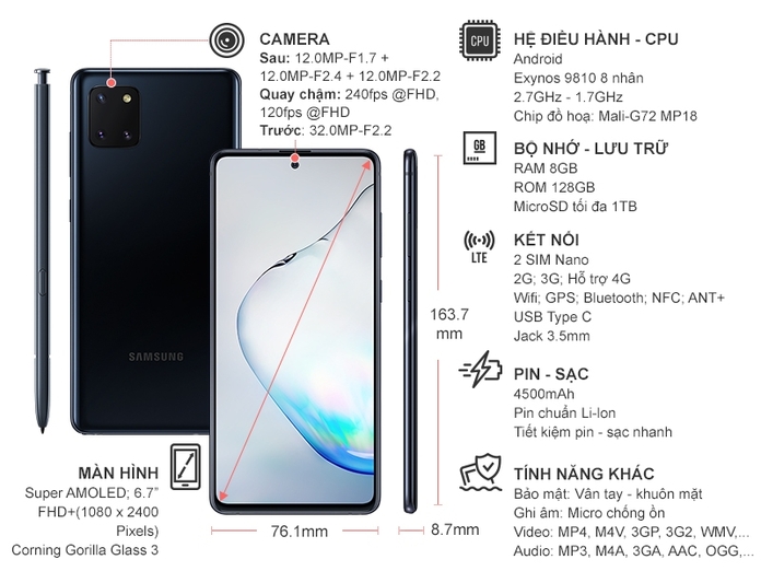 Thông số kỹ thuật Samsung Galaxy Note 10 Lite