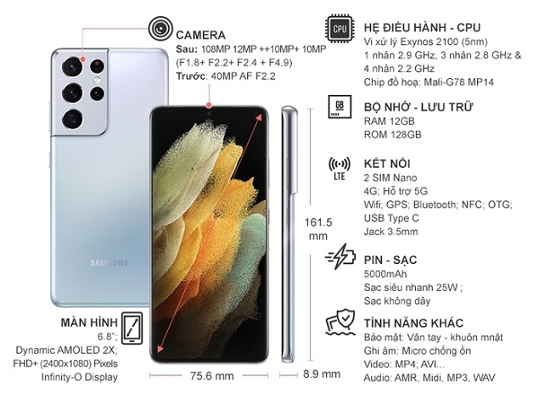 Thông số kỹ thuật Điện thoại Samsung Galaxy S21 Ultra 5G 12GB/128GB