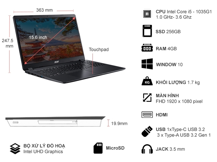 Thông số kỹ thuật Laptop Acer Aspire 3 A315-56-59XY i5-1035G1