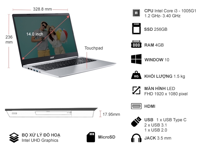 Thông số kỹ thuật Laptop Acer Aspire 5 A514-53-3821 i3-1005G1