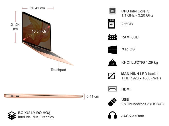 Thông số kỹ thuật Laptop Apple Macbook Air i3 13.3 inch MWTL2SA/A 2020