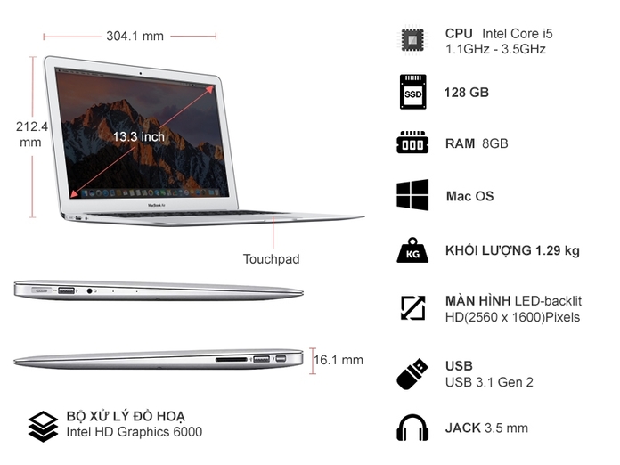 Thông số kỹ thuật Laptop Apple Macbook Air i5 13.3 inch MQD32SA/A