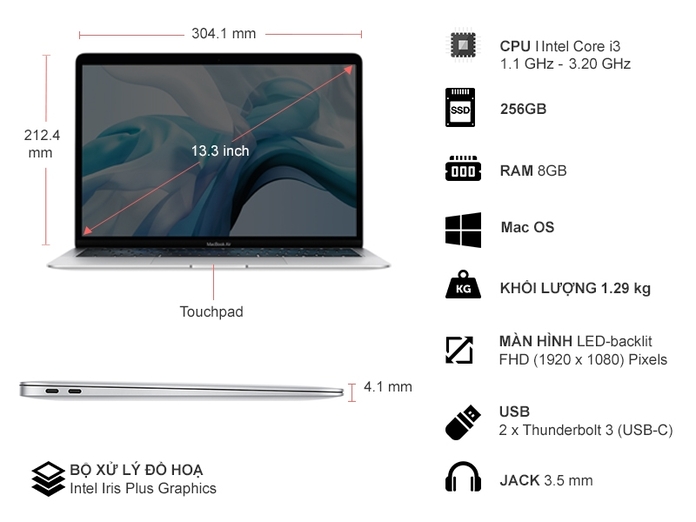 Thông số kỹ thuật Laptop Apple Macbook Air i3 13.3 inch MWTK2SA/A 2020