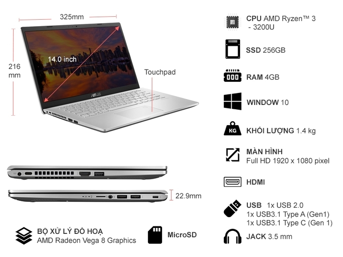 Thông số kỹ thuật Laptop Asus 14 D409DA EK151T R3 3200U 14.0 inch 