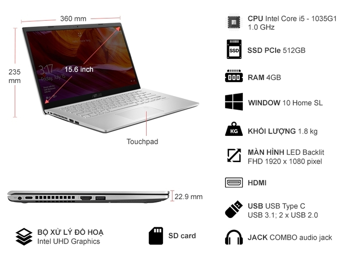 Thông số kỹ thuật Laptop Asus 15.6 inch X509JA-EJ021T