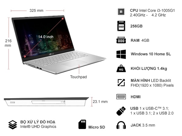 Thông số kỹ thuật Laptop Asus X409JA EK283T i3 1005G1
