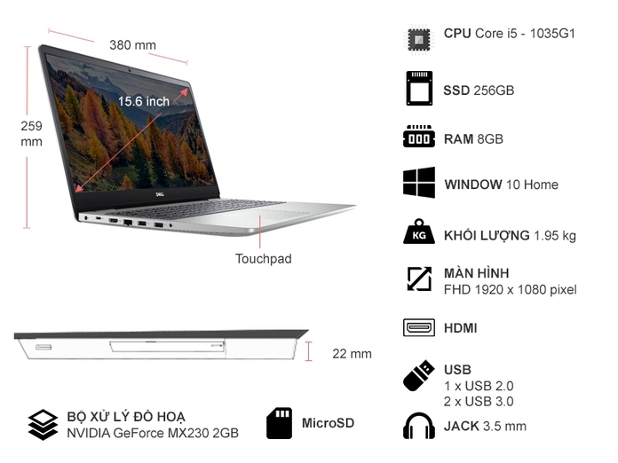 Thông số kỹ thuạt Laptop Dell Inspiron 15 5000 5593 i5-1035G1 15.6 inch N5I5513W