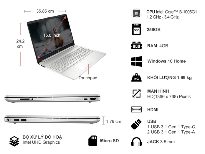 Thông số kỹ thuật Laptop HP 15S-FQ1107TU Core I3-1005G1 15.6 inch 193Q3PA