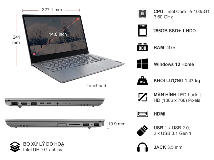 Thông số kỹ thuật Laptop Lenovo V14-IIL i5-1035G1 14.0 inch 82C400W4VN
