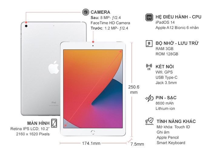 Thông số kỹ thuật Máy tính bảng iPad 10.2 inch Wifi 128GB MYLE2ZA/A Bạc (2020)
