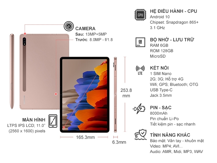 Thông số kỹ thuật Máy tính bảng Samsung Galaxy Tab S7 T875 (2020)