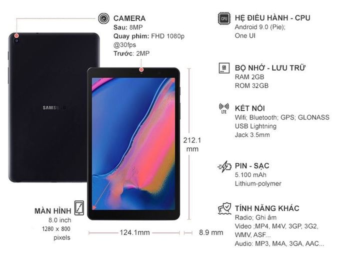 Thông số kỹ thuật Máy tính bảng Samsung Galaxy Tab A 8.0 (2019)