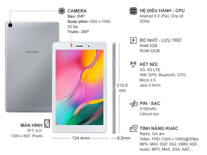 Thông số kỹ thuật Máy tính bảng Samsung Galaxy Tab A 8.0 (2019) Bạc