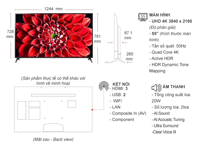 Thông số kỹ thuật Smart Tivi LG 4K 55 inch 55UN7190PTA