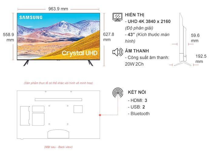 Thông số kỹ thuật Smart Tivi Samsung 4K 43 inch UA43TU8100KXXV