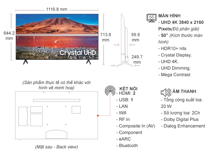 Thông số kỹ thuật Smart Tivi Samsung Crystal UHD 4K 50 inch UA50TU7000KXXV