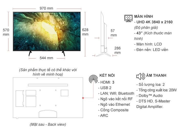Thông số kỹ thuật Smart Tivi Sony 4K 43 Inch KD-43X7500H VN3